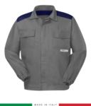 Two-tone trivalent jacket, covered button closure, two chest pockets, elasticated cuffs, color inserts on shoulders and inside neck, color grey/blue RU315APLT06.GRBL