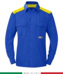 Two-tone multi-pro shirt, snap button closure, two chest pockets, coloured inserts on shoulders and inside collar, certified EN 1149-5, EN 13034, UNI EN ISO 14116:2008, color royal blue and grey RU801APLT54.AZG