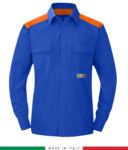 Two-tone multi-pro shirt, snap button closure, two chest pockets, coloured inserts on shoulders and inside collar, certified EN 1149-5, EN 13034, UNI EN ISO 14116:2008, color royal blue and grey RU801APLT54.AZA