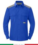 Two-tone multi-pro shirt, snap button closure, two chest pockets, coloured inserts on shoulders and inside collar, certified EN 1149-5, EN 13034, UNI EN ISO 14116:2008, color royal blue and yelow RU801APLT54.AZGR