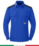 Two-tone multi-pro shirt, snap button closure, two chest pockets, coloured inserts on shoulders and inside collar, certified EN 1149-5, EN 13034, UNI EN ISO 14116:2008, color royal blue and grey RU801APLT54.AZBL
