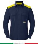 Two-tone multi-pro shirt, snap button closure, two chest pockets, coloured inserts on shoulders and inside collar, certified EN 1149-5, EN 13034, UNI EN ISO 14116:2008, color  navy blue/green RU801APLT54.BLG