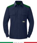Two-tone multi-pro shirt, snap button closure, two chest pockets, coloured inserts on shoulders and inside collar, certified EN 1149-5, EN 13034, UNI EN ISO 14116:2008, color  navy blue/green RU801APLT54.BLV