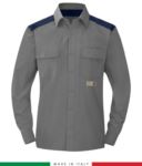 Two-tone multi-pro shirt, snap button closure, two chest pockets, coloured inserts on shoulders and inside collar, certified EN 1149-5, EN 13034, UNI EN ISO 14116:2008, color grey/navy blue RU801APLT54.GRBL