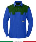 Two-tone multipro shirt, long sleeves, two chest pockets, Made in Italy, certified EN 1149-5, EN 13034, EN 14116:2008, color royal blue / green RU801BICT54.AZV