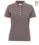 Women two tone work polo shirt with contrasting collar and sleeve ends. melange grey colour, orange border PASKIPPERLADY.GRMAR