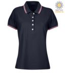 Women two tone work polo shirt with contrasting collar and sleeve ends. navy blue colour, fuchsia border PASKIPPERLADY.BLUFUX
