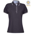 Women two tone short sleeved polo shirt, light blue Oxford interior, collar and sleeves with contrasting detail. white / navy blue colour PALEEDS.BLU