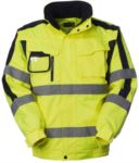 High visibility Pilot jacket with detachable sleeves, badge holder, concealed hood, double band on sleeves and waist, certified EN 343, EN 20471. Colour yellow ROHH226.GI