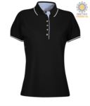 Women two tone short sleeved polo shirt, light blue Oxford interior, collar and sleeves with contrasting detail. white / navy blue colour PALEEDS.NE