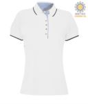 Women two tone short sleeved polo shirt, light blue Oxford interior, collar and sleeves with contrasting detail. white / navy blue colour PALEEDS.BI