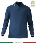 Long sleeved tricolour pique polo shirt, side vents, three matching buttons, made in Italy, colour white X-IT110.BLU