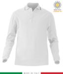Long sleeved tricolour pique polo shirt, side vents, three matching buttons, made in Italy, colour white X-IT110.BI
