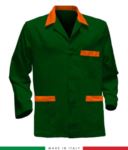 green work jacket with orange inserts made in Italy, 100% cotton massaua and two pockets
 RUBICOLOR.GIA.VEBA
