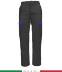 Multi-pocket two-tone work trousers, contrasting profiles, two front pockets, one back pocket, made in Italy, colour grey/ royal blue
 RUBICOLOR.PAN.GRAZ