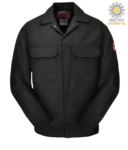 Fireproof jacket, covered button closure, two pockets, cuffs closed with button, orange color. CE certified, NFPA 2112, EN 11611, EN 11612:2009, ASTM F1959-F1959M-12
 POBIZ2.NE