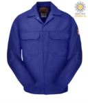 Fireproof jacket, covered button closure, two pockets, cuffs closed with button, orange color. CE certified, NFPA 2112, EN 11611, EN 11612:2009, ASTM F1959-F1959M-12
 POBIZ2.BR