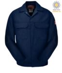Fireproof jacket, covered button closure, two pockets, cuffs closed with button, orange color. CE certified, NFPA 2112, EN 11611, EN 11612:2009, ASTM F1959-F1959M-12
 POBIZ2.BL