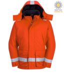 Flame resistant, antistatic winter jacket, two front pockets, zip and button closure, adjustable sleeve opening, detachable hood, certified EN 11611, EN 342:2004, EN 1149-5, EN 11612:2009, colour red POFR59.AR