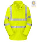 High visibility fireproof jacket, zip with double slider, adjustable cuffs with buttons, double band on waist and sleeves, concealed hood, certified EN 343:2008, UNI EN 20741:2013, EN 1149-5, EN 13034, UNI EN ISO 14116:2008, color orange POFR41.GI