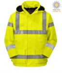 Fireproof jacket, high visibility antistatic, pockets, double band on waist and sleeves, concealed hood, inner padding, certified EN 343:2008, UNI EN 20471:2013, EN 1149-5, EN 13034, UNI EN ISO 14116:2008, color yellow  POS778.GI