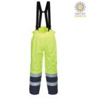 Antistatic, high visibility fireproof trousers, adjustable shoulder straps with buckle, double band on the bottom of the leg, two-tone, certified EN 343:2008, UNI EN 20471:2013, EN 1149-5, EN 13034, UNI EN ISO 14116:2008, colour yellow POS782.GI