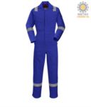 Antistatic overalls, light fire retardant, adjustable cuff with velcro, sleeve and knee pocket, reflective band on the bottom of the leg, sleeves and shoulders, certified 89/686/EE colour orange POFR28.BR