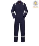 Antistatic overalls, light fire retardant, adjustable cuff with velcro, sleeve and knee pocket, reflective band on the bottom of the leg, sleeves and shoulders, certified 89/686/EE Colour: Royal Blue. POFR28.BL