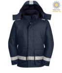 Flame resistant, antistatic winter jacket, two front pockets, zip and button closure, adjustable sleeve opening, detachable hood, certified EN 11611, EN 342:2004, EN 1149-5, EN 11612:2009, colour navy blue POFR59.BL