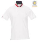Short sleeve cotton pique polo shirt, contrasting three color collar visible on raised collar. Colour White/Germany PANATION.BI