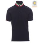 Short sleeve cotton pique polo shirt, contrasting three color collar visible on raised collar. Colour black/ France PANATION.BN