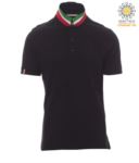 Short sleeve cotton pique polo shirt, contrasting three color collar visible on raised collar. Colour black/Italy PANATION.NE