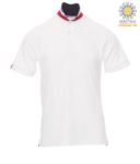Short sleeve cotton pique polo shirt, contrasting three color collar visible on raised collar. Colour White/ France PANATION.BIF