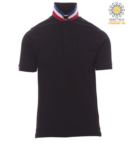 Short sleeve cotton pique polo shirt, contrasting three color collar visible on raised collar. Colour black/ France PANATION.NEF