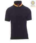 Short sleeve cotton pique polo shirt, contrasting three color collar visible on raised collar. Colour black/ France PANATION.BLUG