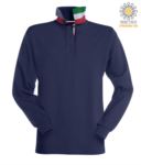 Long sleeved polo shirt with tricolour elements on the collar and the slit. Colour navy blue PALONGNATION.BLU