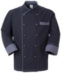 Chef jacket, front closure with double breasted buttons, left side pocket, three-quarter length sleeve, color blue ROMG1001.BL