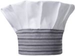 Chef hat, double band of fabric with upper part inserted and sewn in pleats, color white, striped grey black ROMT0501.RGN