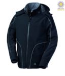 Softshell jacket with hood, zip closure, rainproof, reflective profiles on front, back and along the sleeves. Colour: navy blue ROHH621.NE