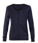 Women cardigan with crew neck, ribbed neck, cuffs and bottom hem, front buttoning, wool and polyacrylic fabric.
color navy blue
 X-6005.NA