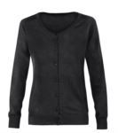 Women cardigan with crew neck, ribbed neck, cuffs and bottom hem, front buttoning, wool and polyacrylic fabric.
color navy blue
 X-6005.DG