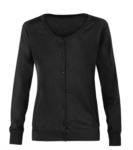 Women cardigan with crew neck, ribbed neck, cuffs and bottom hem, front buttoning, wool and polyacrylic fabric.
color black
 X-6005.NE