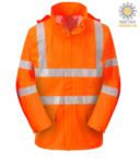 High visibility fireproof jacket, zip with double slider, adjustable cuffs with buttons, double band on waist and sleeves, concealed hood, certified EN 343:2008, UNI EN 20741:2013, EN 1149-5, EN 13034, UNI EN ISO 14116:2008, color orange POFR41.AR