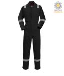 Antistatic overalls, light fire retardant, adjustable cuff with velcro, sleeve and knee pocket, reflective band on the bottom of the leg, sleeves and shoulders, certified 89/686/EE colour black POFR28.NE