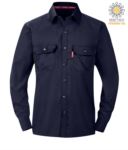 Fireproof shirt, cuffs with adjustable buttons, chest pockets, cooor navy blue. ASTM certified F1506-10a, NFPA 2112, NFPA 70E, EN 11612:2009, ASTM F1959-F1959M-12 POFR89.BN