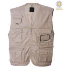 summer work vest with beige badge holder with nine pockets and reflective piping JR987531.BE
