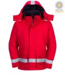 Flame resistant, antistatic winter jacket, two front pockets, zip and button closure, adjustable sleeve opening, detachable hood, certified EN 11611, EN 342:2004, EN 1149-5, EN 11612:2009, colour red POFR59.RO