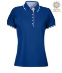 Women two tone short sleeved polo shirt, light blue Oxford interior, collar and sleeves with contrasting detail. white / navy blue colour PALEEDS.AZR