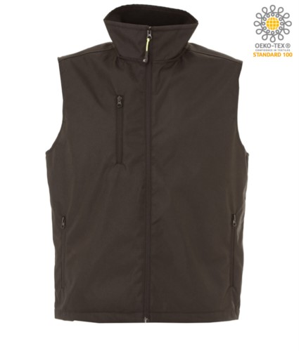 nylon work vest with fleece lining in black with three pockets
