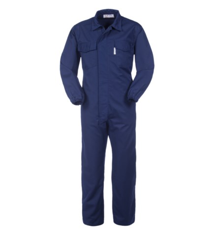 Antacid and antistatic coverall, zipped and Velcro fastened, elasticated waist, multi-pocket, elasticated cuffs, certified EN 13034, EN 1149-5, color blue 

